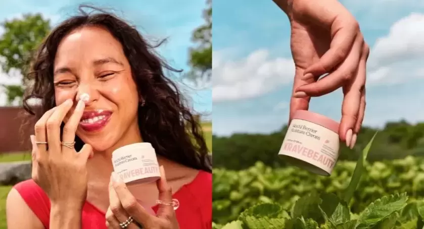 KraveBeauty lanza crema para el cuidado de la piel en frasco Vivomer sin plástico.